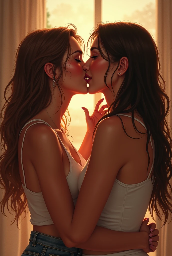 Excited woman kissing another excited woman