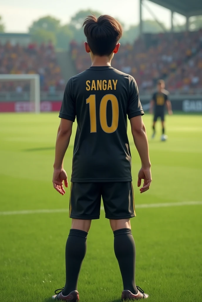 Footballer with name SANGAY and also with jersey 10 from back view with black shirt in ground