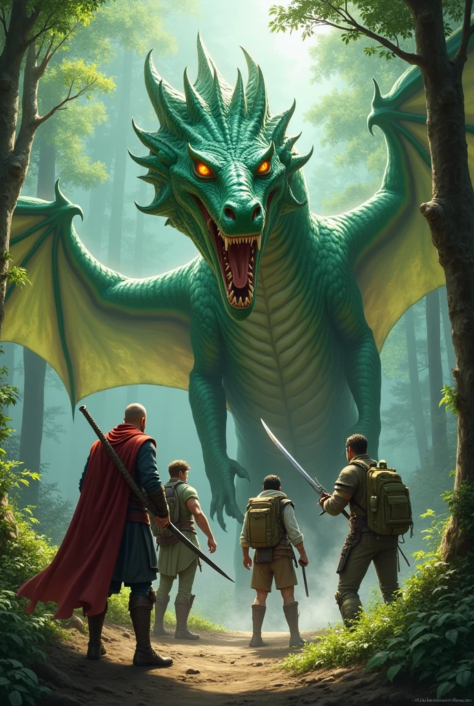 Create an image of a group of four male heroes, composed of a rogue, magician, warrior and a backpacker in a fantasy world facing a green dragon.