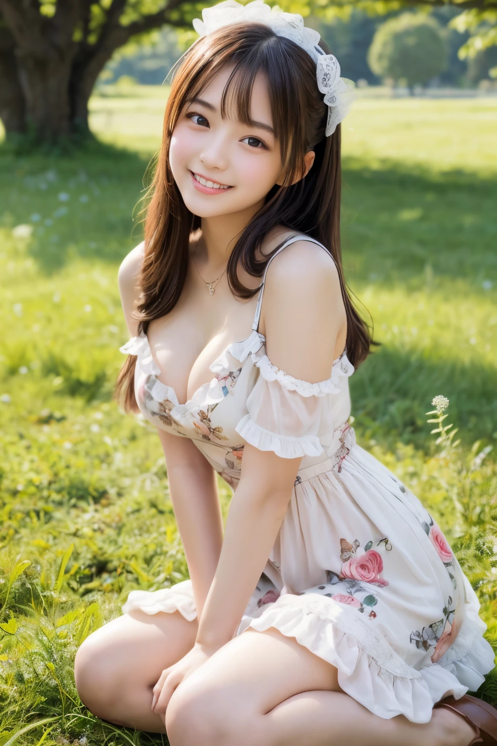ung girl,very cute and beautiful japanese teenress,highly detailed beautiful face,
looking at viewer,smile,happy,beautiful legs,solo,cleavage,
cute girly floral pattern brown lolita d with detailed frills,detailed lace,
flower garden,grassland,shrubbery,real person,photorealistic,8k,raw photo,