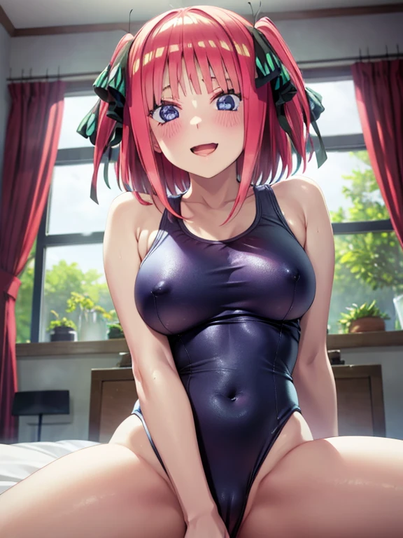 best quality, insanely detailed, nino nakano, breasts, blush, bedroom background, looking at viewer, cheerful eyes,arousal, one-piece swimsuit, old school swimsuit, pussy, nsfw