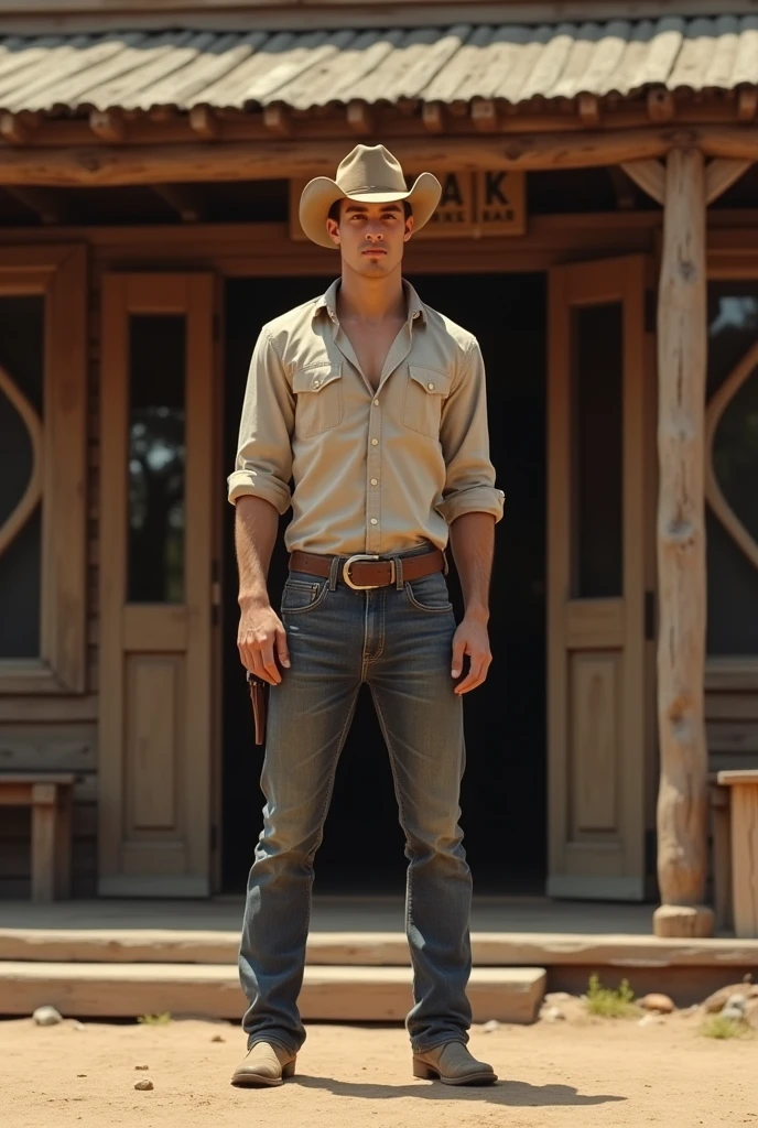 young handsome beautiful white skinny soft skin cowboy behind him a cowboy bar