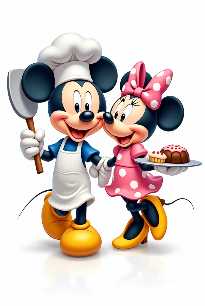 a detailed, full-body image in a cartoony style of Mickey and Minnie Mouse, both dressed as chefs. Mickey is wearing a white chef's hat, a white apron, and yellow shoes. Minnie is wearing a pink dress with white polka dots and a matching bow. They are both smiling and look joyful. Mickey is holding a large cooking spoon, and Minnie is holding a tray of sweets. The background should be completely white, focusing solely on the characters without any kitchen or additional elements in the background. The image should feature simple shapes, bold outlines, solid colors, and minimal shadows or realistic details, characteristic of cartoon-style illustrations