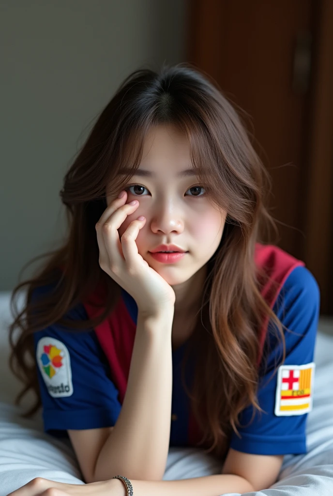 Brown-haired ASIAN GIRL  lying on a bed posing in front of the camera, wearing a Barcelona soccer team shirt, with Messi's 10 number, brown hair, she covering her face with her hand, pale, and long hair, showing the shirt, hd