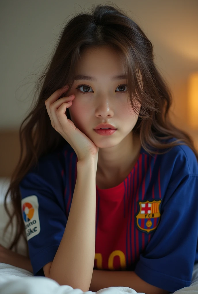 Brown-haired ASIAN GIRL lying on a bed posing in front of the camera, wearing a Barcelona soccer team shirt, with Messi's 10 number, brown hair, she covering her face with her hand, pale, and long hair, showing the shirt, hd