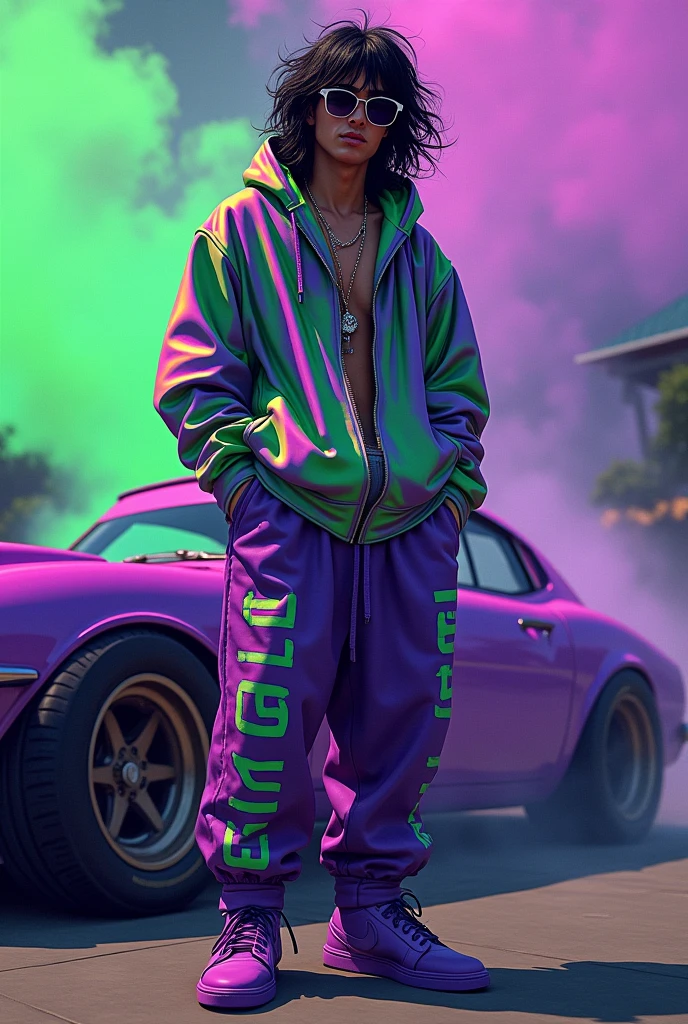 A psychedelic artwork with purple and green details of a man with long black hair that doesn't go past his shoulders, with sunglasses, the hair is a bit messy, wearing purple and green baggy clothes and purple and green sneakers smoking cigarette next to a purple and green drift car in Japan