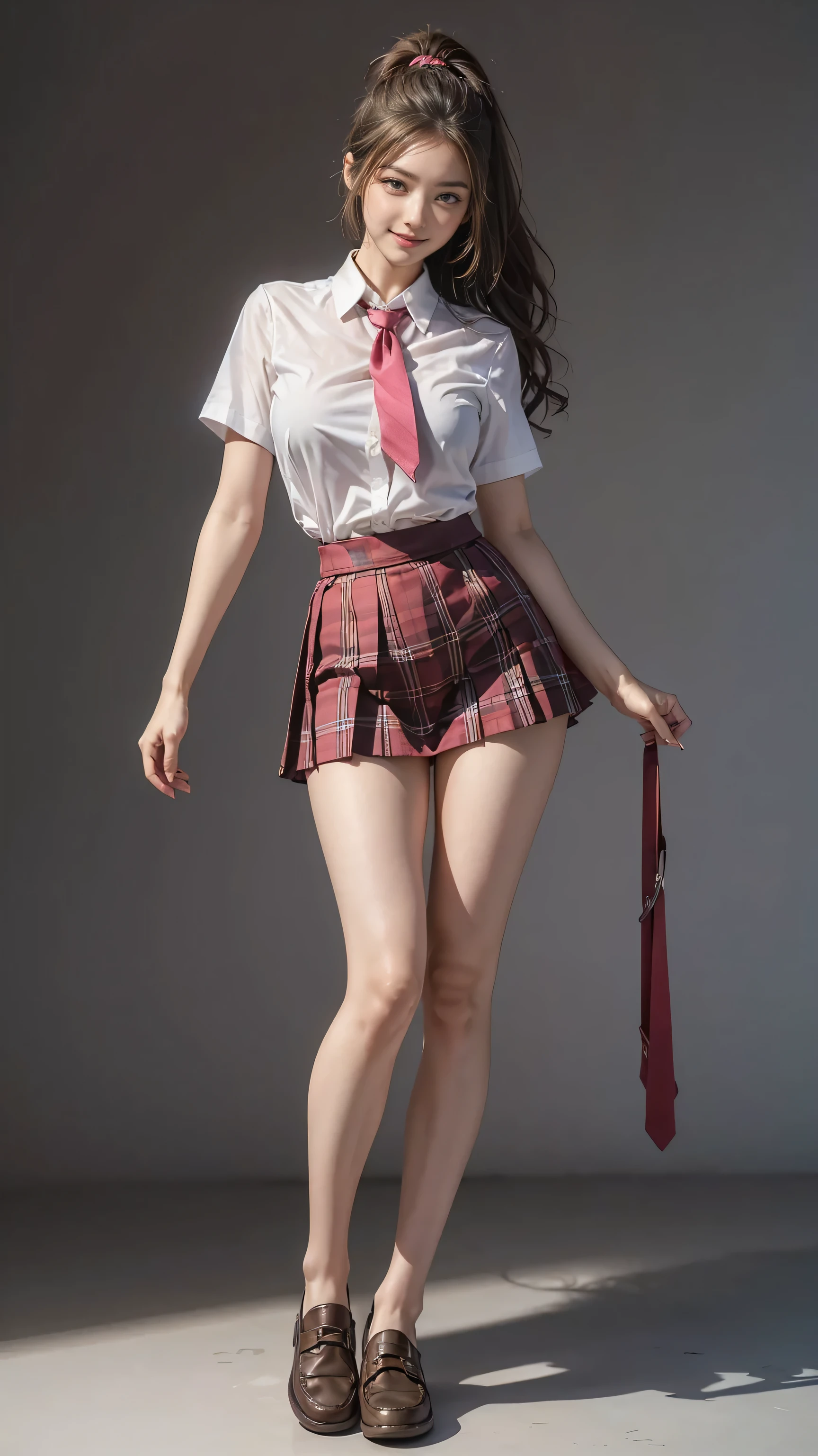 ((Highest quality, Tabletop, Ultra-high resolution、The most complex and detailed depiction))、(Bright lighting:1.1)、(Beautiful woman:1.1)、(Very light wavy hair:1.5)、(voluminous ponytail:1.5)、((high school girl)),(((Collared short-sleeved shirt, White shirt, school uniform, pink plaid pleated skirt, tie)),((Ultra-short micro mini skirt)),((Black Loafers)), (Sexy pose:1.5),Best smile:1.5，Full Body Shot:1.5，Gray background:1.5，Blonde wavy hair:1.8,Random Blonde:1.8,Curly Hair:1.8,Long Hair:1.5,sleek bangs:1.8,Large Breasts:1.2,gal,Sunburned skin:1.9,Thin fingers:1.5,The whites of the eyes are clear:1.8,Centered:1.5,(Tall:1.9,The legs are thin and long:1.8)、Perfect Makeup:1.3、Natural Lip:1.3、Dark eyeshadow:1.6、smile:1.8,Lift up your skirt to show your underwear:1.8,