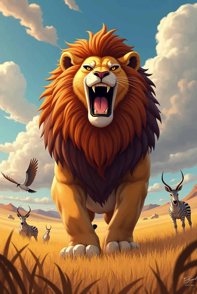 Detailed picture of a confident man anthro, (Lion, powerful body) standing proudly on the middle of the savanna, roaring with his mouth wide open. trending on Art Station, Ross Tran, ruan jia, foxovh, ((determined expression, the other animals are cheering in the background, cartoon