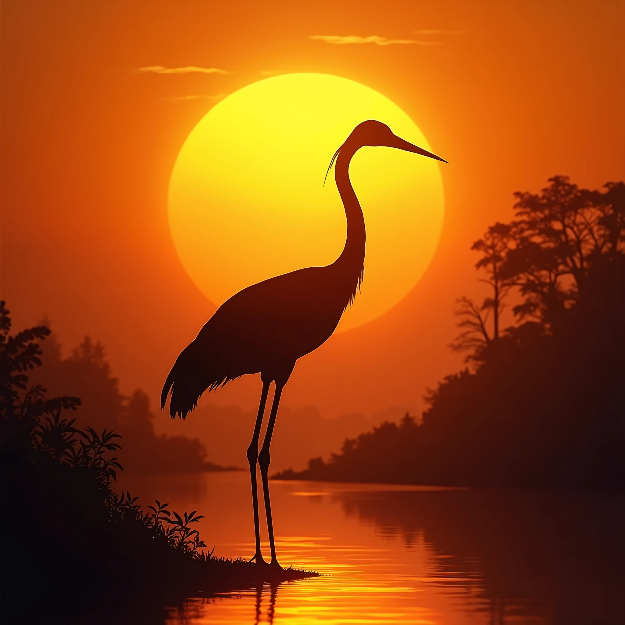 Crane silhouette, sunset, backlighting, pond