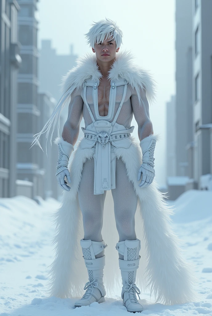  Full body photorealistic handsome hunky masculine Legion white messy haired fractal white skinned young Jack Frost,,unreal engine, extremely attractive male wearing white scales very transparent see through mesh latex spandex,, with belt and gloves,, extremely masculine physique, intricately detailed, super duper bulge, realistic skin, short tousled hair, futuristic snowy city as background