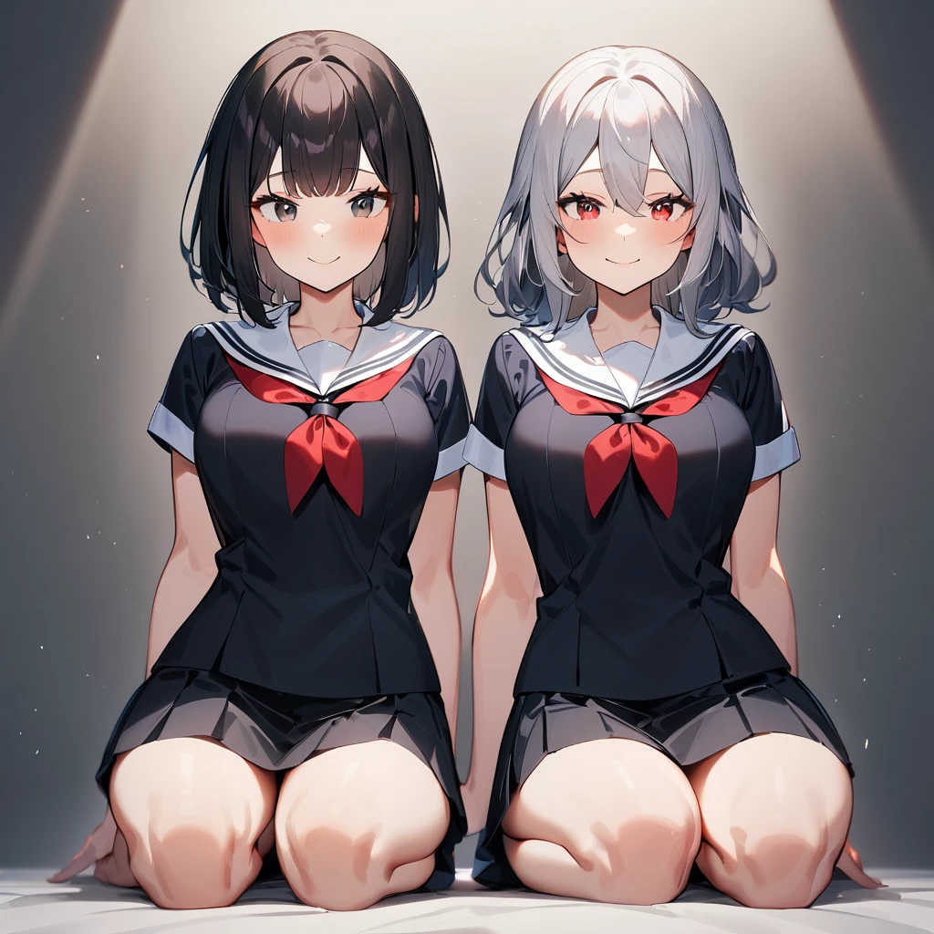 (2girls),adult,smile,school_uniform,White sailor,bareLegs,feet,barefoot,medium hair.black hair,gray hair,black eyes,red eyes,medium_breasts,breasts,masterpiece, best quality, very aesthetic, absurdres,front View,(straight-on),side by side,seiza,light,dynamic