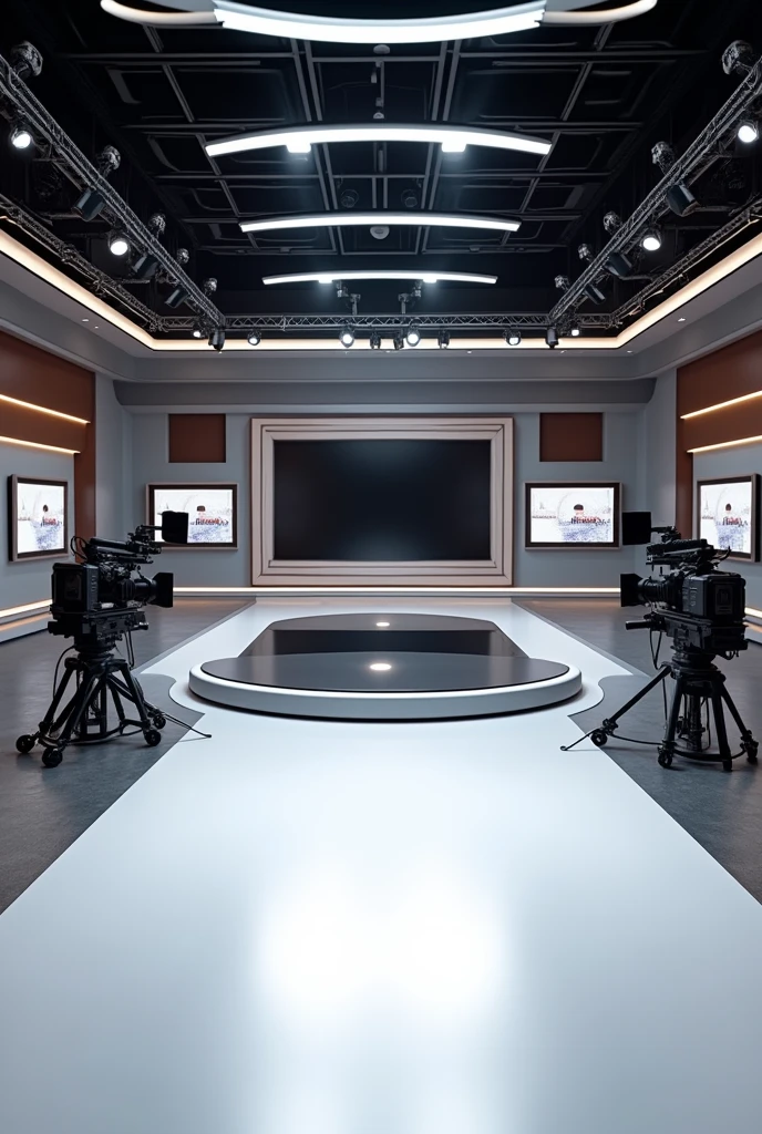 create a news studio. the colors must be different shades of brown and grey. There are TV's, and Cameras. The floor is white. NO PEOPLE JUST STUDIO don't forget the cameras lots