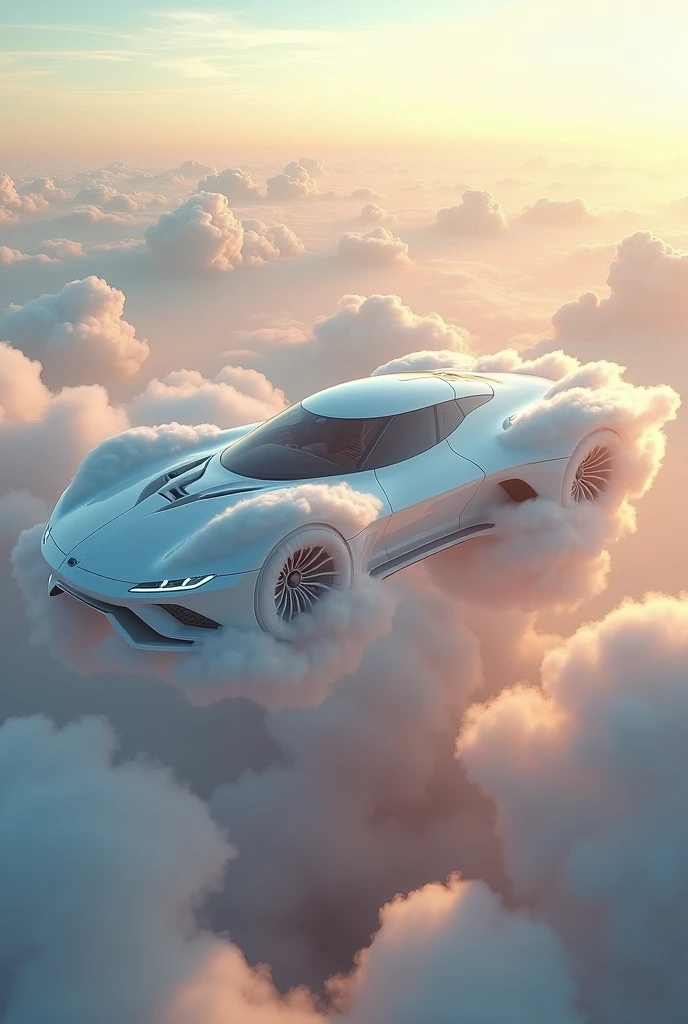 Huge concept prototype car，Made of colorful clouds,Aerial,uhd, masterpiece, high details, high quality, best quality, highres