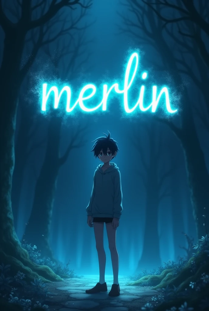 Make an image of an anime boy who is standing still and the background is dark and spells " MERLIN " in blue cyan lights.