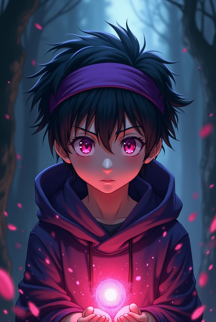a young anime boy with purple headband, deadly aura, hyperrealistic, detailed face, beautiful eyes, striking expression, dark clothing, mysterious background, cinematic lighting, dramatic shadows, digital painting, concept art style, vibrant colors, moody atmosphere, fantasy theme

