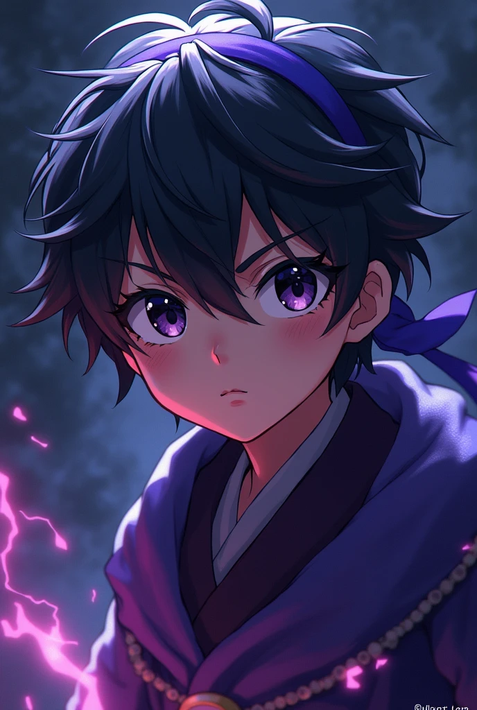 a young anime boy with purple headband, deadly aura, hyperrealistic, detailed face, beautiful eyes, striking expression, dark clothing, mysterious background, cinematic lighting, dramatic shadows, digital painting, concept art style, vibrant colors, moody atmosphere, fantasy theme