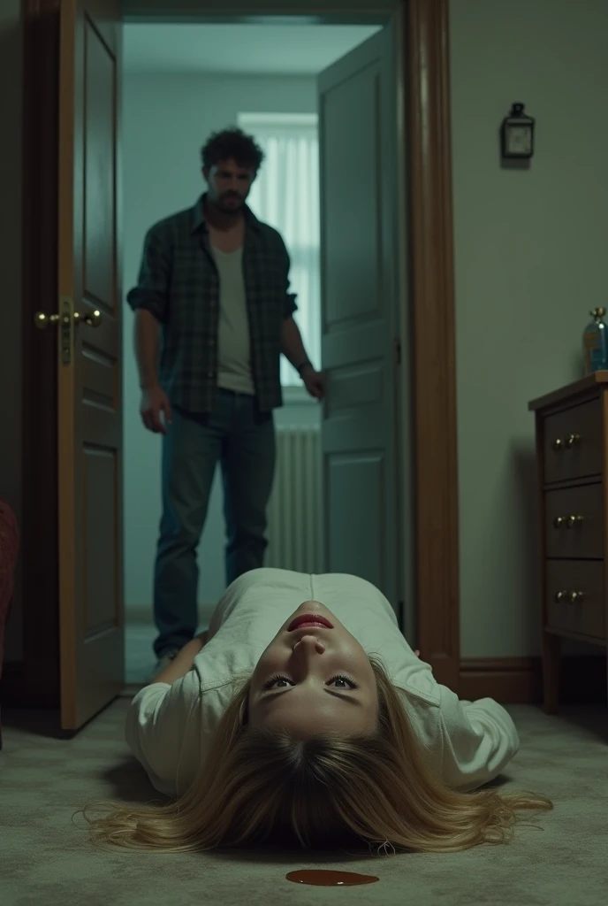 A man dressed casually, He enters his wife&#39;s room, a beautiful young blonde european woman, and notices that she is lying face down on the ground and oil is coming out of her mouth, When he turns around there is another woman identical to his wife standing at the door,Hyper-realistic image quality 