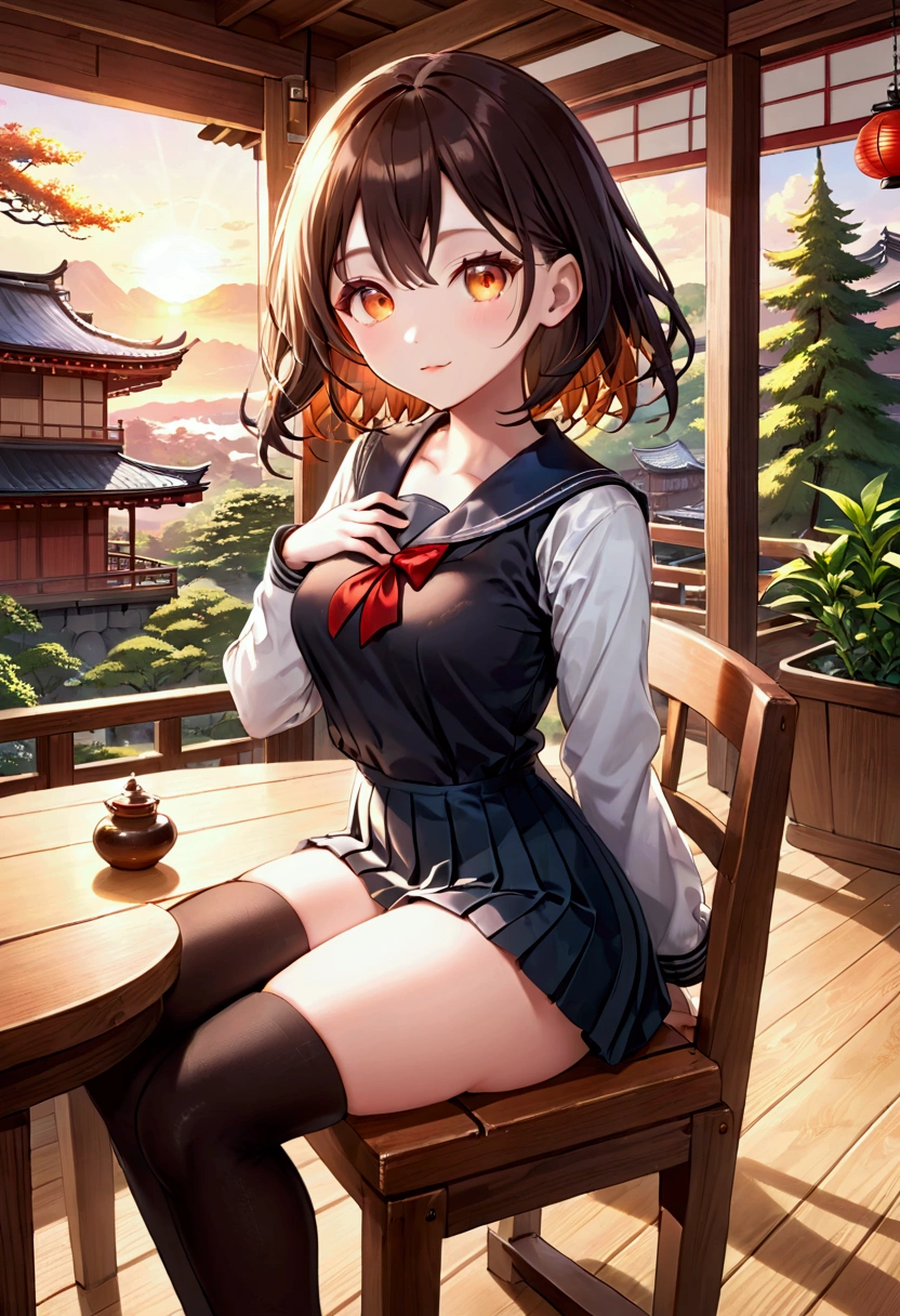 8k, masterpiece, highest quality, ultra high resolution, highest resolution, very detailed, professional lighting, orange light lighting、Backlight、Detailed CG、Low angle from the front、full body shot、Beautiful woman、beautiful eyes、(detailed face and iace:1 2)、narrow eyes、almond eye、brown eyes、gradation eye、highlight:1.2)、(beautiful black hair、long hair、asymmetrical bangs、(plump lips) 、(oval face : 1.4)、(thin fingered arms、detailed human hand)、(table top, highest quality:1.2), nostalgic、wooden warehouse、Scenery with Japanese wooden houses、sitting in veranda、ancient folk house、pine tree、plant、beautiful japanese garden、beautiful red sunset、vapour、crap、white breath、full body pose、A girl who blends into the scenery、sitting in a chair、Beautiful woman, small face、white skin、very cute, 、(fine eyes、bright eyes、Gradient eyes:1、Beautiful eyes drawn in detail:1、symmetrical eyes:1、Big eye highlight:1.2)、thin hair、brown eyes)、Breasts are medium in size、(black brown hair、very short hair:1.4)、(black sailor suit、serafuku:1.4)、thin and long legs、beautiful hip line、beautiful spine、constricted back、tight waist、JK black skirt 、pleated skirt、Hip line emphasis、black socks、black stockings、brown eyes,face is a little red, beautiful breasts、Breasts are A cup、Shoes are loafers、Split ends of long hair) 、(round face: 1.4)、gentle smile、open your mouth、teeth visible、black knee high socks、open legs, tight panties