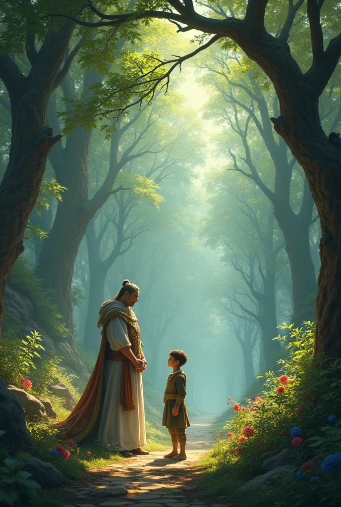 A powerful leader giving an invitation to a young man  that just turned 15, in a enchanted forest. 