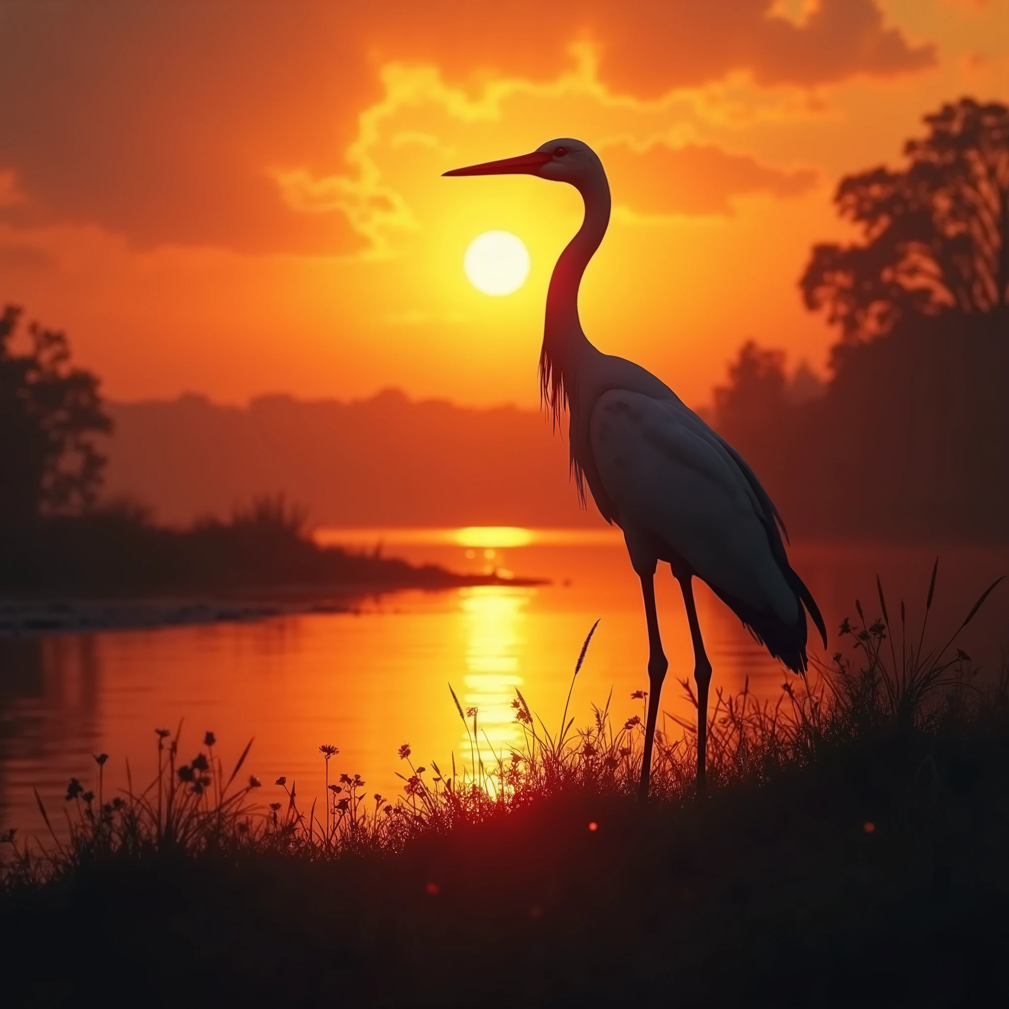 Crane silhouette, sunset, backlighting, pond