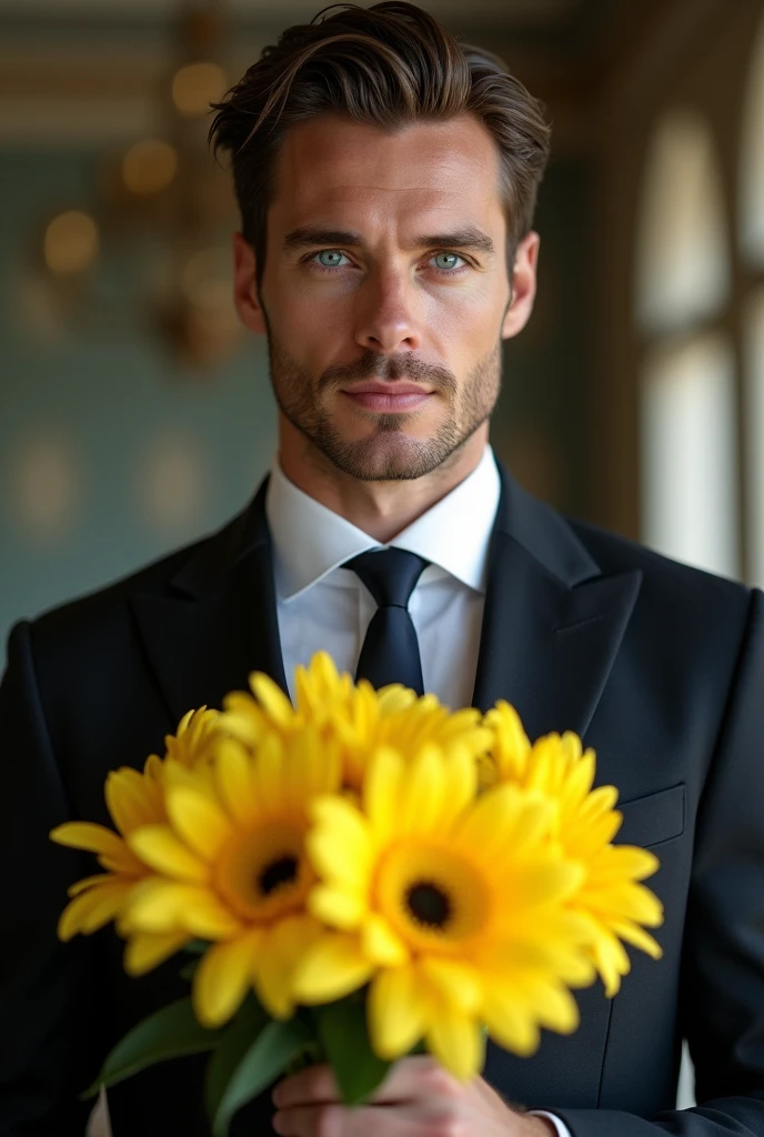 create me an elegant man blue eyes, medium shot, in his hands a bouquet of yellow flowers, cinematographic, 16k ultra-realistic