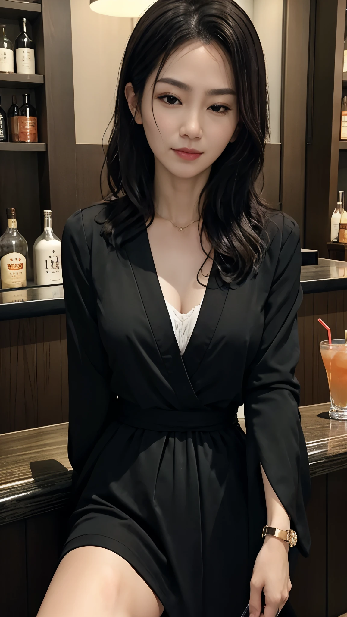 High-definition photos、Dimly lit quiet bar、Woman sitting on a chair drinking a cocktail at the counter、白い服、白い服、ミニスカート、Close ~ eyes、Eyes closed、Drinking a cocktail、Drinking a cocktail、There are many drinks on the shelf behind the counter..、length, wavy black hair、black eye、Lonely look、Face turned to the side、Holding a cocktail glass、Put the glass to your mouth、Close ~ eyes