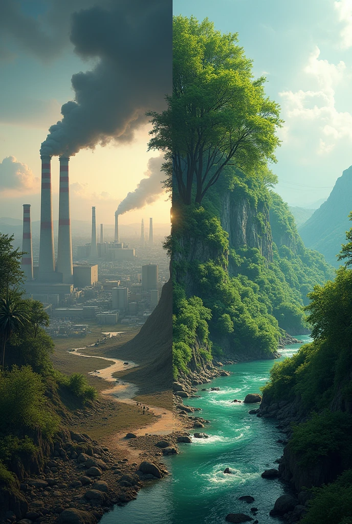 ang Mundo sa dalawang hinaharap. gumawa ng dalawang bahagi ng poster, isang bahagi na nagpapakita ng maduming mundo na puno ng pulosyon at deforestation, at sa kabila naman ay isang malinis at luntiang kapaligiran. gawin itong digital image para sa poster making contest