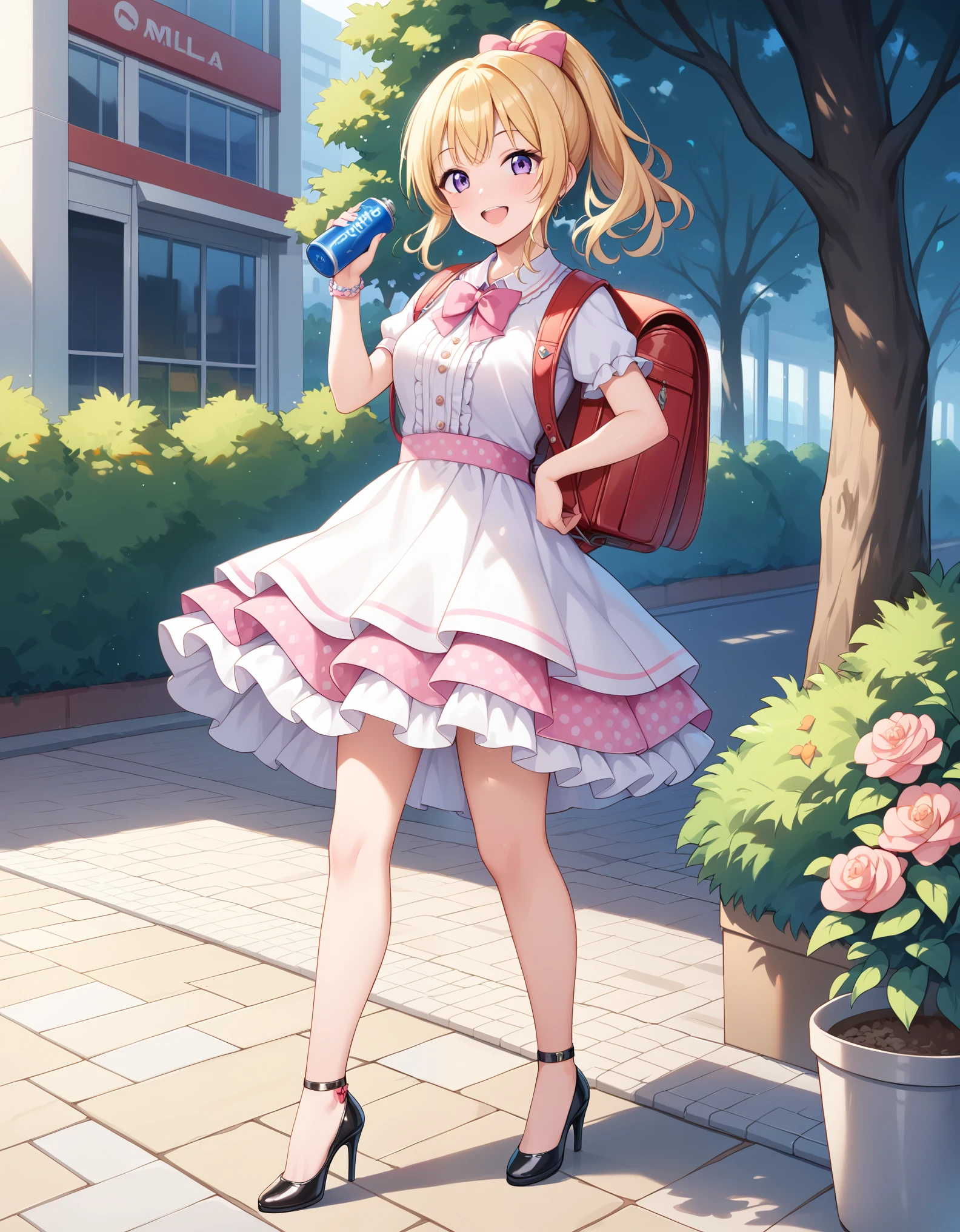 Masterpiece, hd,best quality, detailed, 1girl,so that the whole body can be seen,Monitoring clothes, wearing a pink idol dress (idol dress) layered skirt, frills, ribbon, bow, sequins, smile, (Blonde hair), outdoor, ponytail, standing, fullbody, (fullbody:1.2), wearing high heels, outdoor, wearing red backpack, (backpack:1.2), school backpack, square backpack, smile, happy