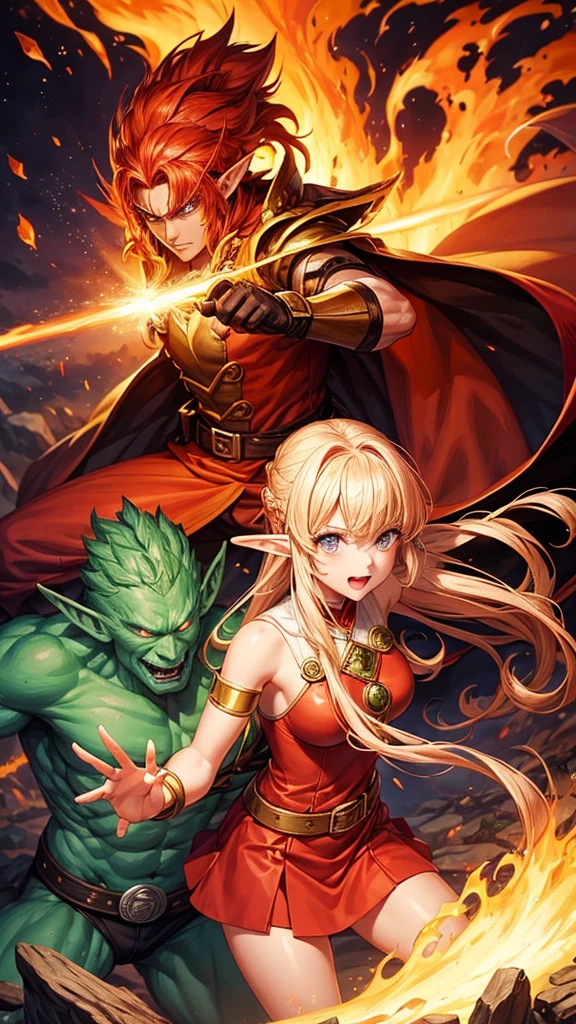 Cute young fire magic girl fighting alongside an elf. His fire against a monster is defeating it despite its gigantism. panorama, anime 