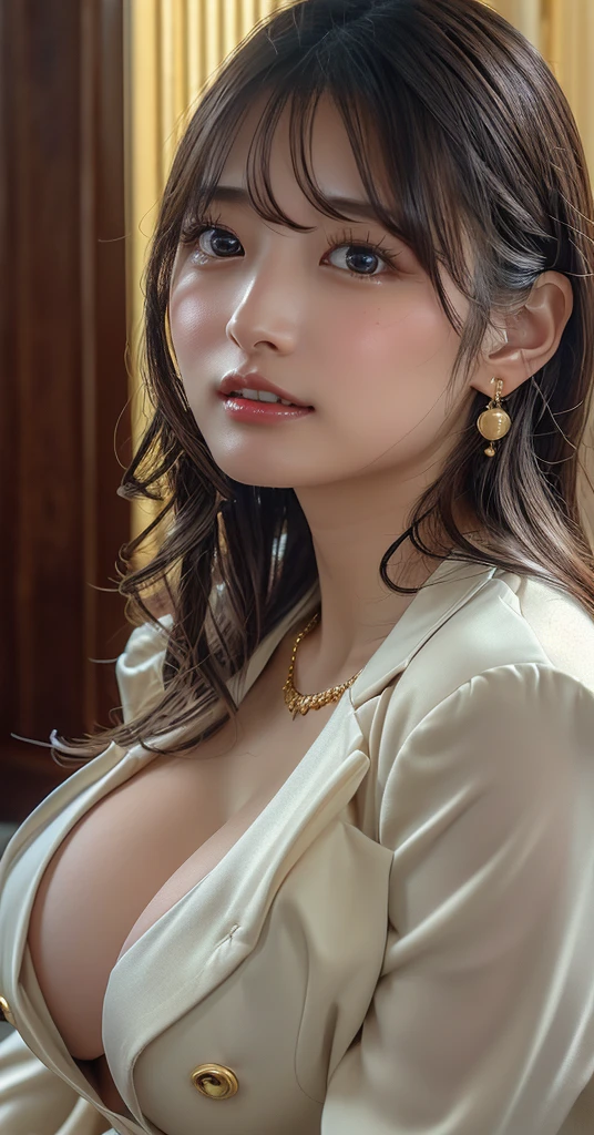 (8k,RAW Photos,Like the picture:1.45),masterpiece,Highest quality,wonderful,(セクシーなMature Woman:1),(Mature Woman:1.3), (4 woman.1.3)、(((very, very大きい)))、(((Extremely obscene and huge huge boobs)))、(((Big big cleavage)))、Hyper Real、In the lounge of a luxury hotel、A beautiful and dignified smile、Beautiful white skin、Beautiful, delicate and precise skin texture、Long, fluffy, beautiful brown hair、Beautiful Japanese Women、(Big Ass)、Thick thighs、Bright red lips、Gold earrings、Gold bracelet、Gold Necklace、{Charcoal gray suit(White blouse)}、