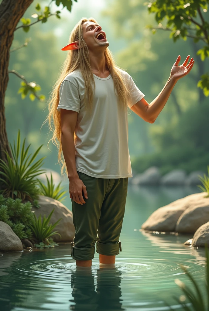 Tall male elf in regular white t-shirt with long blonde hair, yawning while stretching his arms, standing next to a small pond with his pant cuffs rolled up to his knees, standing in the water.