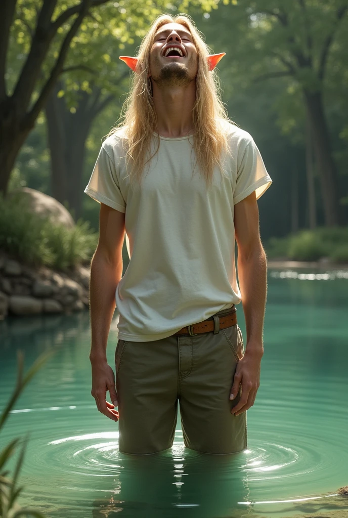 Tall male elf in regular white t-shirt with long blonde hair, yawning while stretching his arms, standing next to a small pond with his pant cuffs rolled up to his knees, standing in the water.