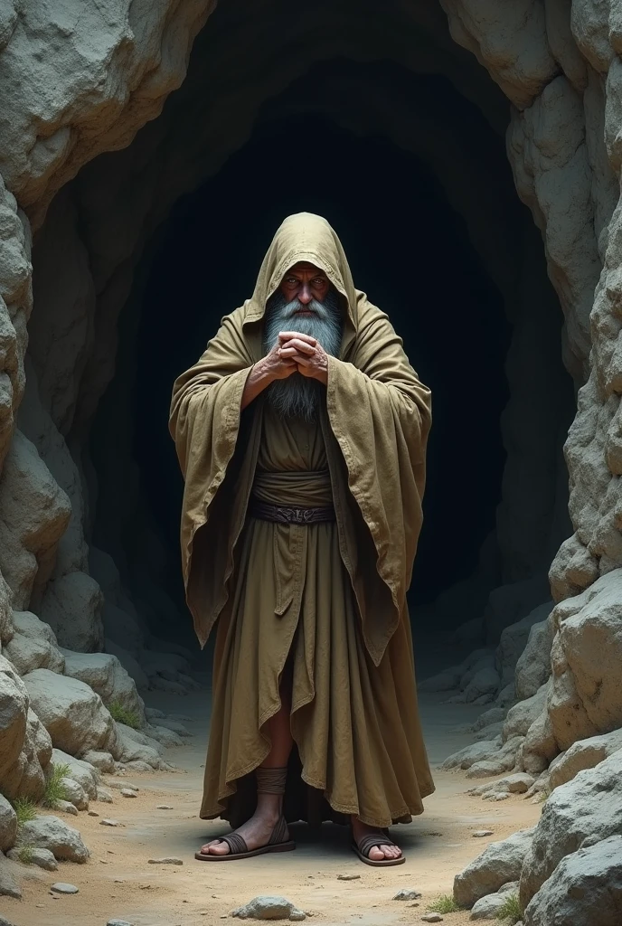 Elias old man standing at the entrance of a cave inside and covering his face with his robe