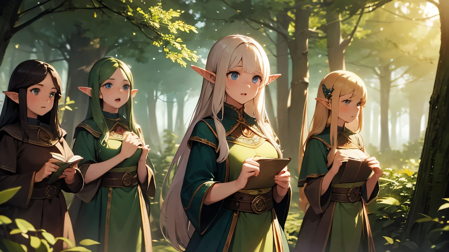 Elven Village Choir in the forest Elf girls singing The face is clean