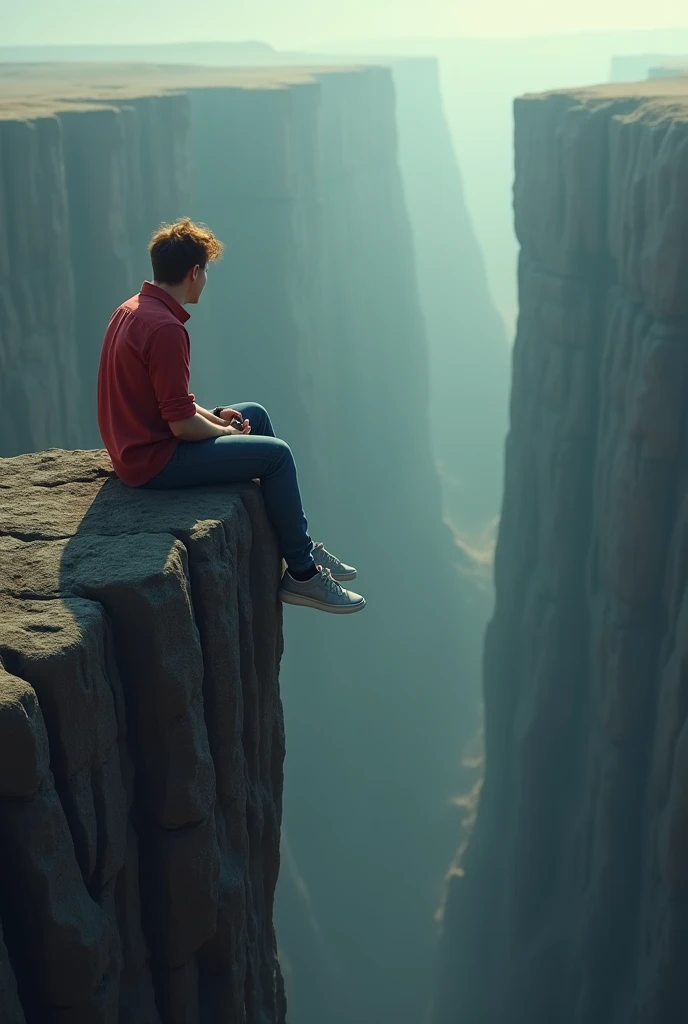 A tall man, Scrawny, offwhite, chestnut hair, jeans, Grey sneakers, Red shirt, with wristwatch, sitting on the edge of an abyss