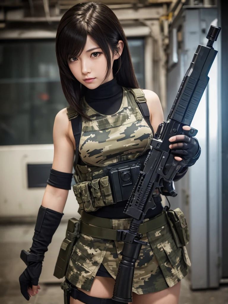 Masterpiece, best quality, ai-generated,official art, final fantasy, tifa lockhart, camouflage clothing,camouflage  helmet, pleated skirt, Medium chest, A glimpse of thighs,random hair,perfect proportions, high detail skin, Cute, detailed faces, random sexy pose, precise fingers,panty shot Girl shooting automatic rifle, finely drawn automatic rifle, bulletproof suit, (turn towards the viewer), syncs body orientation and gaze, dynamic angle, battle, war,
