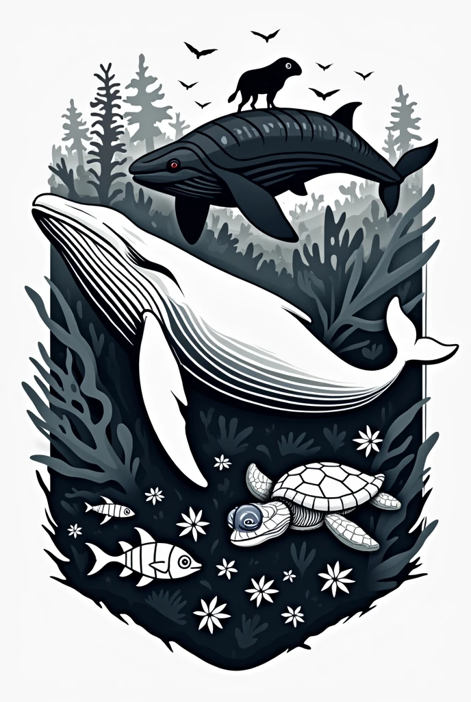 Innovative black and white marine biology logo with different animals with the text 4th week of marine biology