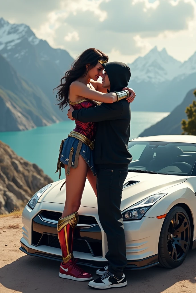 wonder woman hugging a young man who is wearing a black hooded sweatshirt, black pants and jordan 1 sneakers sitting on top of a white GTR r35 on top of a place with a beautiful view