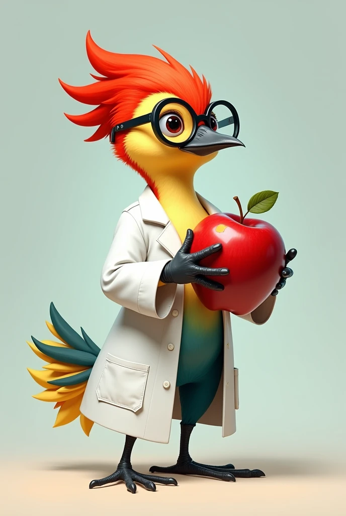 Woodpecker character dressed in a lab coat with an apple in his hand