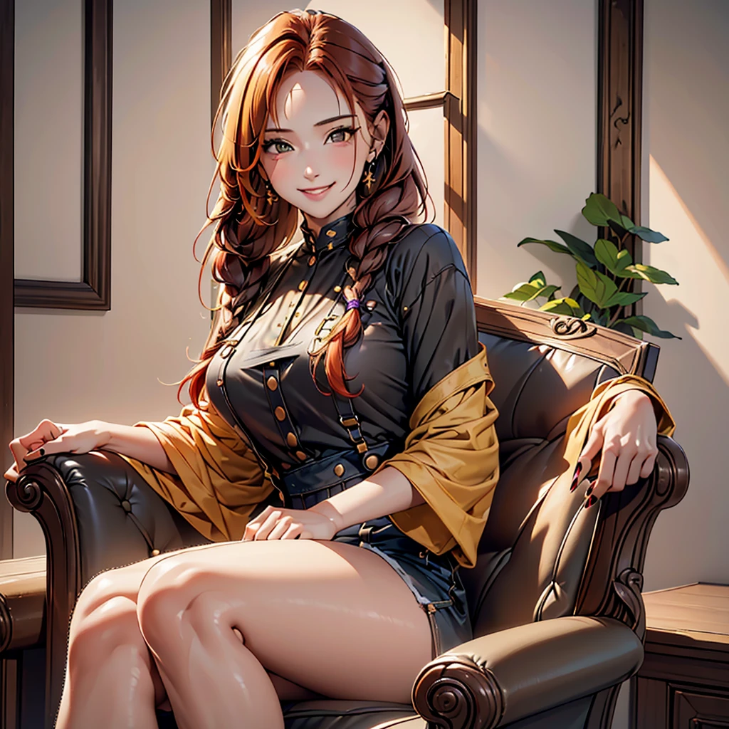 women, long hair with 2 braids, natural redhead, honey yellow eyes, Purple overalls with black blouse, long black nails, sitting on an armchair in a room, full body, chest a little big, bright smile, mischievous smile.