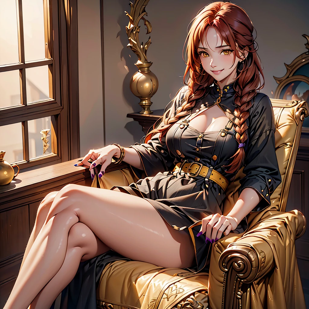 women, long hair with 2 braids, natural redhead, honey yellow eyes, Purple overalls with black blouse, long black nails, sitting on an armchair in a room, full body, chest a little big, bright smile, mischievous smile.