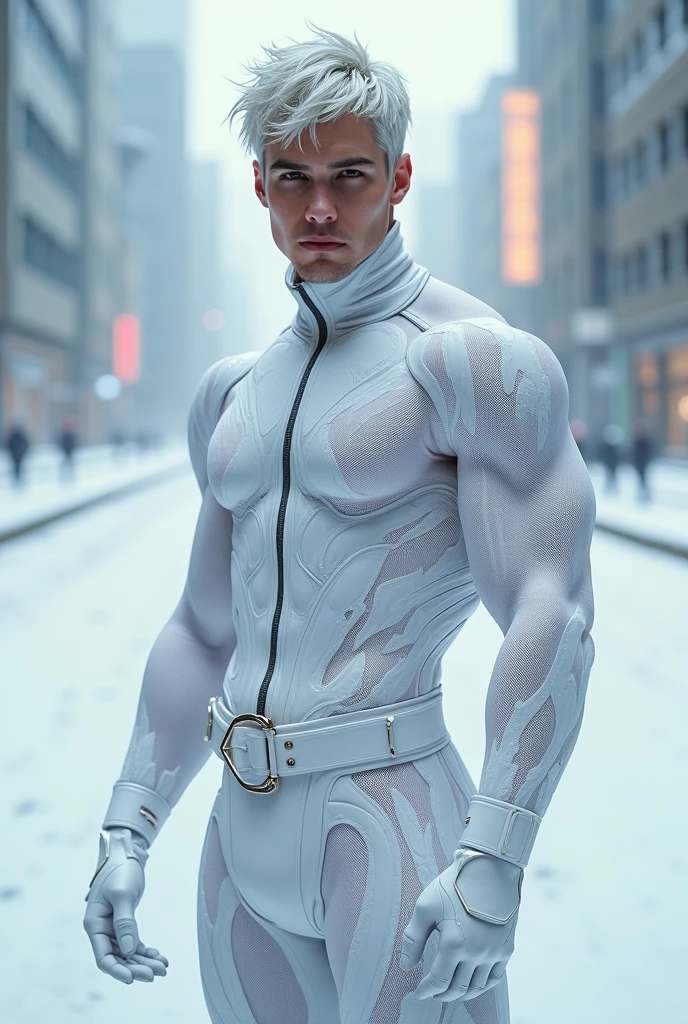  Full body photorealistic handsome hunky masculine Legion white messy haired fractal white skinned young Jack Frost,,unreal engine, extremely attractive male wearing white scales very transparent see through mesh latex spandex,, with belt and gloves,, extremely masculine physique, intricately detailed, super duper bulge, realistic skin, short tousled hair, futuristic snowy city as background