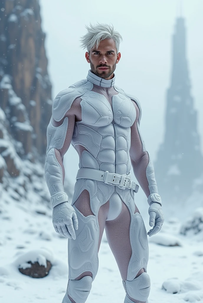  Full body photorealistic handsome hunky masculine Legion white messy haired fractal white skinned young Jack Frost,,unreal engine, extremely attractive male wearing white scales very transparent see through mesh latex spandex,, with belt and gloves,, extremely masculine physique, intricately detailed, super duper bulge, realistic skin, short tousled hair, futuristic snowy city as background