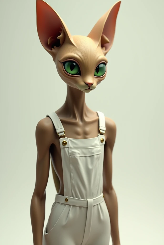 humanoid extraterrestrial with feline features and brown..large green eyes elongated upwards. Wears white overalls type uniforms