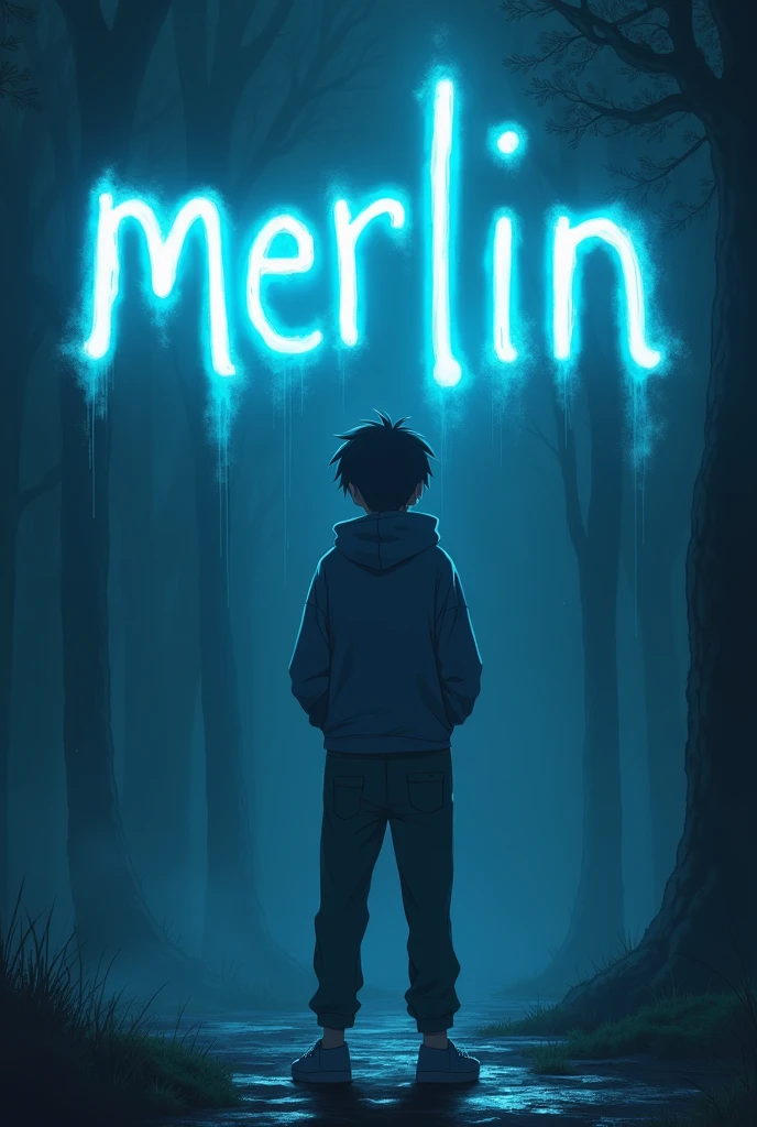 Make an image of an anime boy who is wearing a hoodie and pants standing still and the background is dark and spells " MERLIN " in blue cyan lights.