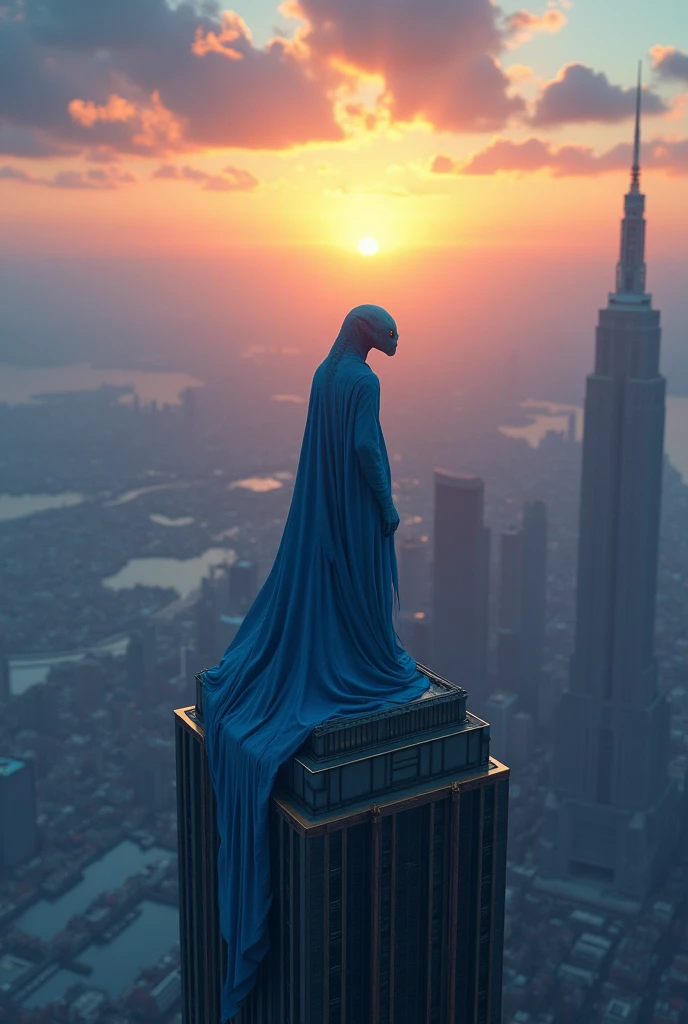 blue dressed alien watching sunrise,earth,on top of sky scrapper