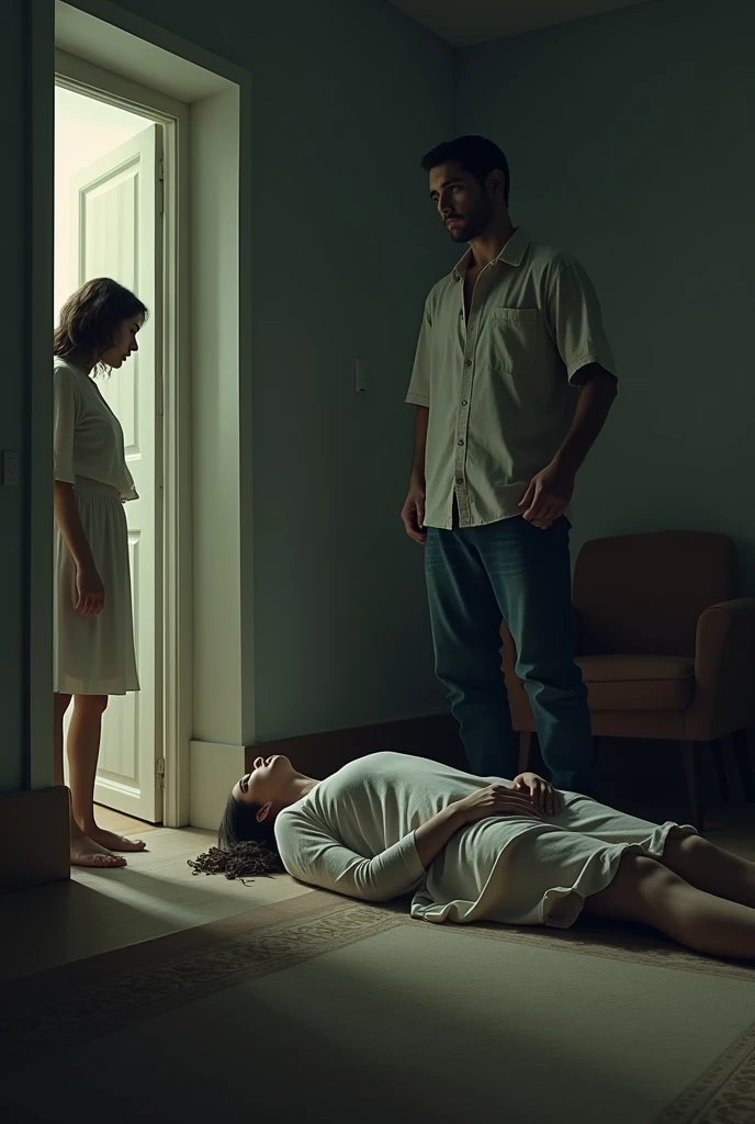 A man dressed casually, He enters his wife's room, a beautiful young blonde european woman, and notices that she is lying face down on the ground and oil is coming out of her mouth, When he turns around there is another woman identical to his wife standing motionless at the door. ,Hyper-realistic image quality
