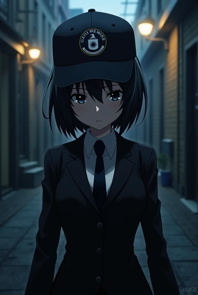 Draw the protagonist of the anime hitoribocchi dressed as a secret agent, with a cap printed with the CIA logo.
