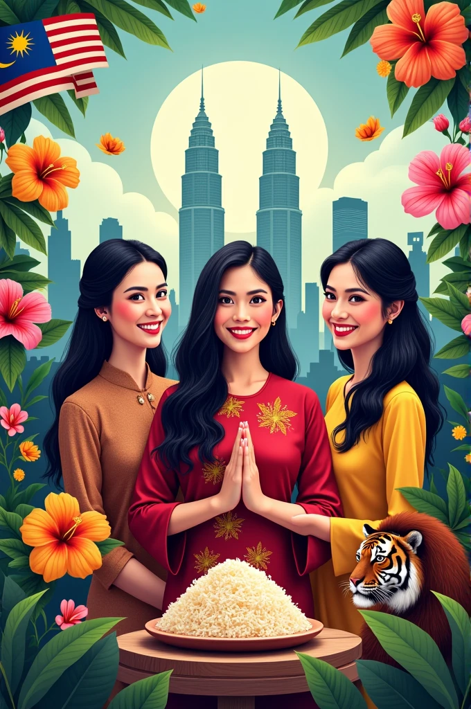 Malaysian independence poster in KLCC,rambutan fruit, Malaysian fruit,tiger,orangutan,rafflesian flower,Hibiscus,women wear baju kurung,women wear cheogsam and women wear traditional Indian clothes, Malaysian flag,fatty rice,Malaysia is as beautiful and unique