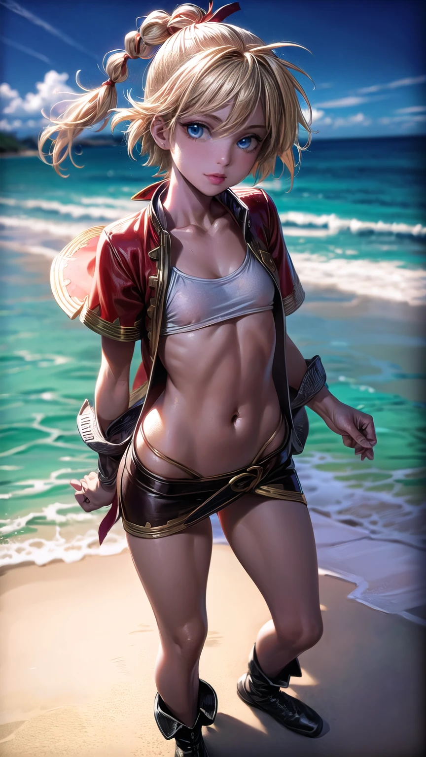 1 adult woman, character "kid" from chrono cross, 20 years old, (mature face), making various facial expressions, yellow hair in a high braided ponytail, (medium-small bust:1.4),standing on white sandy beach, in various fighting poses, fitted jacket 3/4 cropped, white top under jacket, tight fitting micro skirt, loose leather boots, ankle wraps, detailed face, detailed eyes, detailed lips, highly detailed, 8k, ultra-detailed 90s era anime style, cinematic lighting, vivid colors, dramatic shadows, masterpiece, award winning art, wide angle, (full length portrait), strong_negative, micrsk3rt, bikini underboob, navel, no bra 